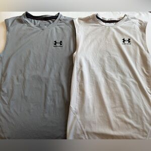 2 Under Armour Boys Heat Gear Sleeveless Compression Tops Gray and White- Large